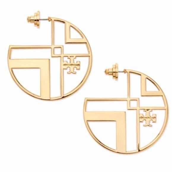 New Tory Burch Gold Chevron Stud Hoop Earrings - Picture 2 of 7